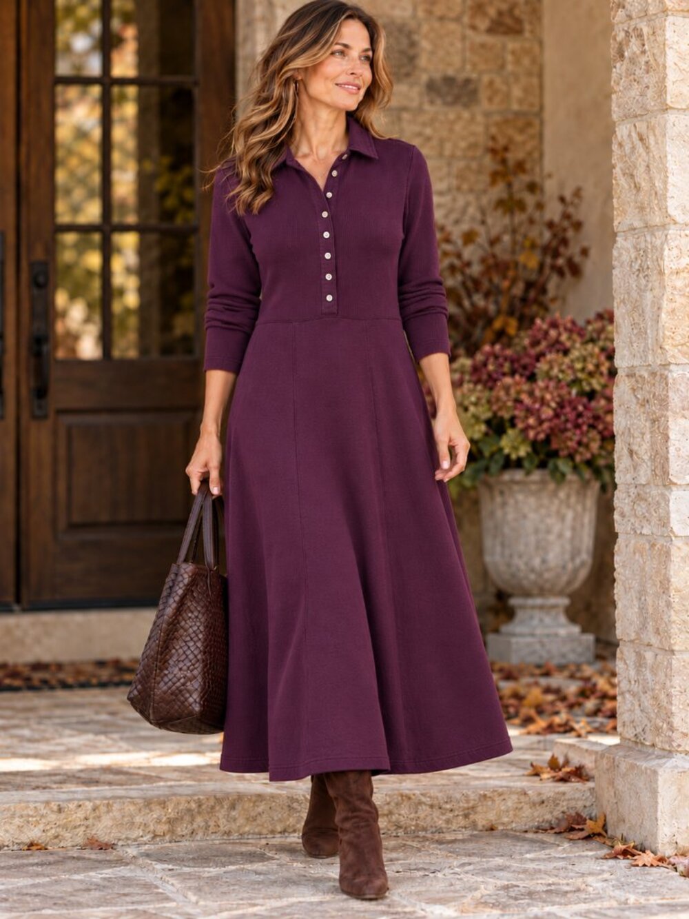 L.L.Bean Plum Aubergine Cotton Ribbed Knit Polo Midi Maxi A-Line Dress LP EUC
